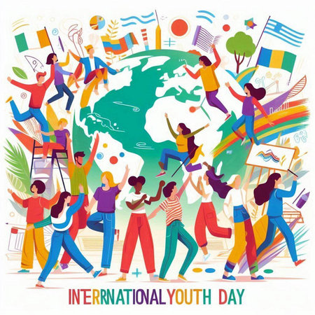 International Youth Day. Group of young people around the world. Vector illustration.のイラスト素材