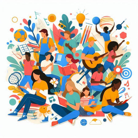 Vector illustration of group of people with musical instruments on white background.のイラスト素材
