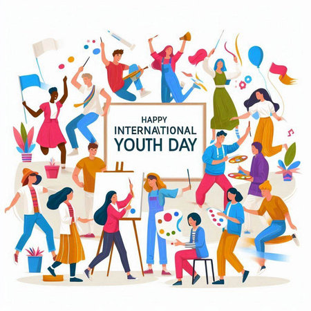 International Women's Day. Group of young women and men standing together and holding flags. Flat vector illustration.のイラスト素材