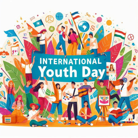 International Youth Day. Group of young people on white background, flat vector illustration.のイラスト素材