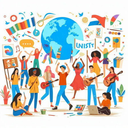 International music day. Group of young people around the globe. Vector illustration.のイラスト素材