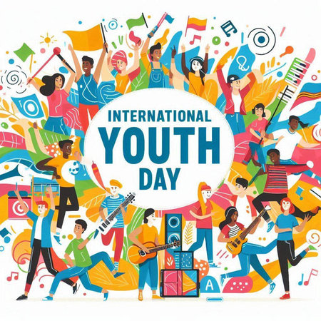 International Youth Day. Group of young people with musical instruments. Vector illustration.のイラスト素材