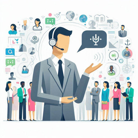 Call center concept. Vector illustration in flat cartoon style with people and iconsのイラスト素材