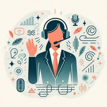 Vector illustration of a call center operator with headphones and speech bubble.のイラスト素材