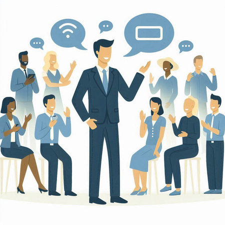 Businessman standing in front of group of people with speech bubbles.のイラスト素材