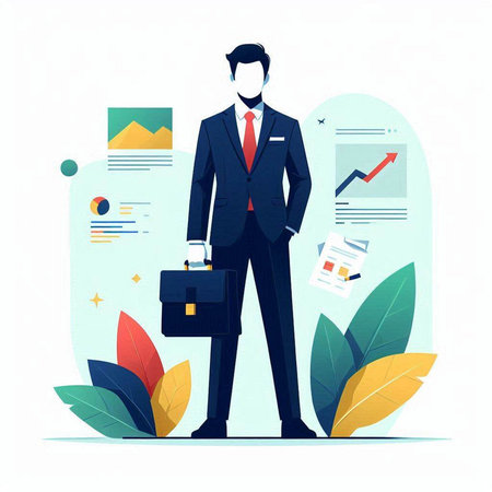 Businessman with briefcase and documents. Vector illustration in flat styleのイラスト素材