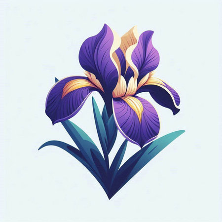 Beautiful iris flower on blue background. Hand drawn vector illustration.のイラスト素材