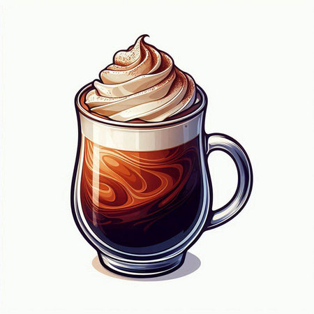 Coffee with whipped cream in a glass cup. Vector illustration.のイラスト素材