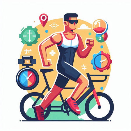 Cyclist man in sportswear and sunglasses running on bike. Flat vector illustration.のイラスト素材