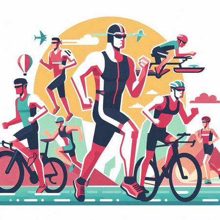 Group of cyclists on the road. Vector illustration in flat style.のイラスト素材