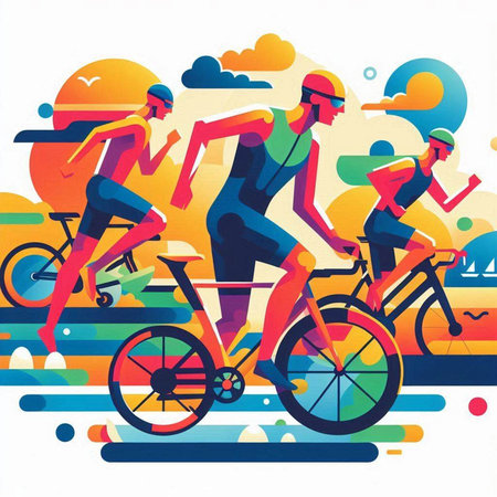 Bicyclists on the road. Active lifestyle. Vector illustration.のイラスト素材