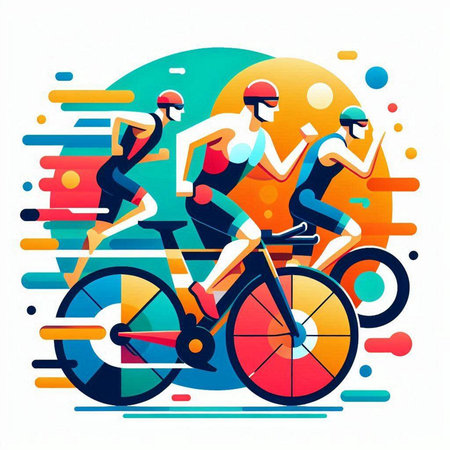 Cyclists riding bicycle in colorful abstract background, vector illustration.のイラスト素材