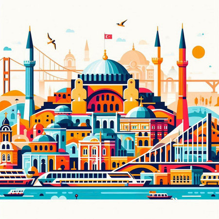 Panoramic view of Istanbul, Turkey. Colorful vector illustration.のイラスト素材