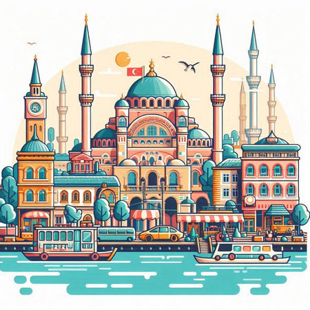 Cityscape of Istanbul, Turkey. Colorful vector illustration in retro styleのイラスト素材