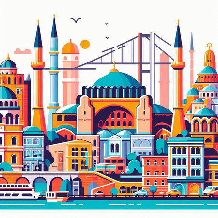 Cityscape of Istanbul, Turkey. Colorful flat vector illustration.のイラスト素材