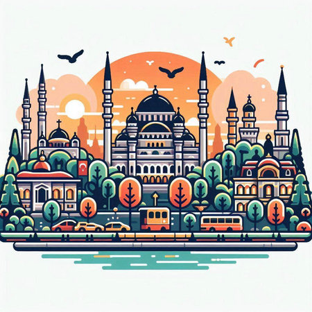 Cityscape of Istanbul, Turkey. Colorful vector illustration in flat styleのイラスト素材
