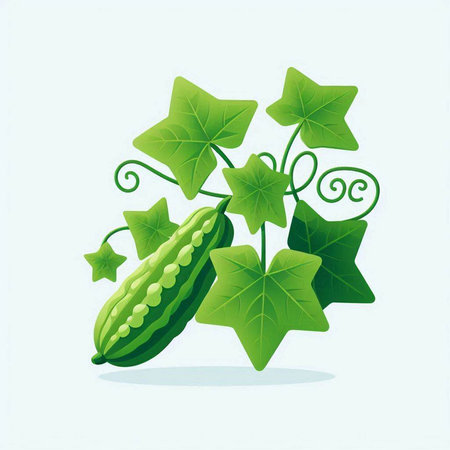 Bitter gourd and leaves on white background. Vector illustration.のイラスト素材