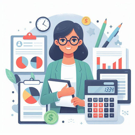 Young business woman working with documents, calculator and laptop. Vector illustrationのイラスト素材