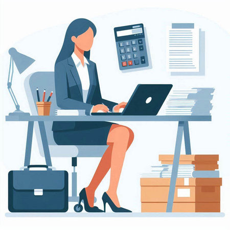 Businesswoman sitting at the desk and working on laptop. Vector illustrationのイラスト素材