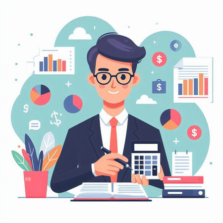 Businessman working with calculator. Vector illustration in a flat style.のイラスト素材