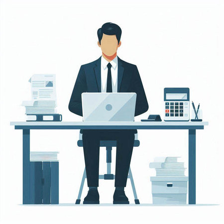 Businessman working at the office. Vector illustration in flat style.のイラスト素材
