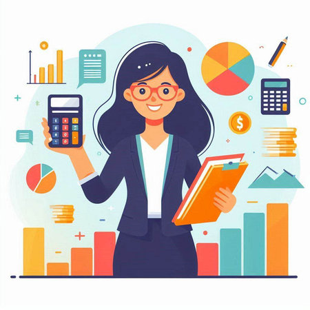 Business woman with calculator and documents. Vector illustration in flat style.のイラスト素材