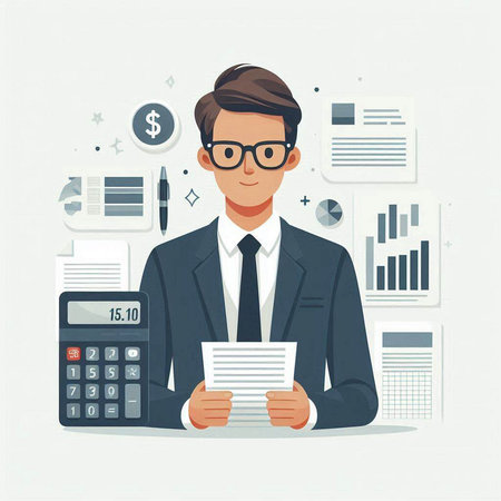 Businessman with documents and calculator. Vector illustration in flat style.のイラスト素材