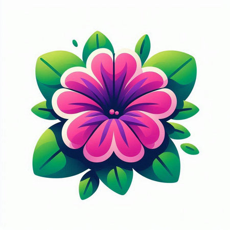 Illustration of a pink flower with green leaves on a white backgroundのイラスト素材