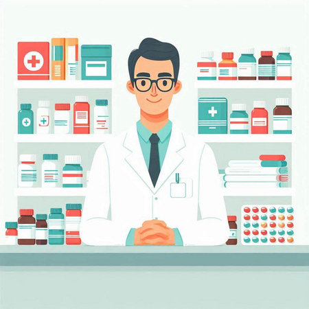 Pharmacist at the counter in the pharmacy. Vector flat illustrationのイラスト素材