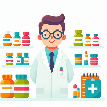 Male pharmacist standing in front of shelves full of medicines. Vector illustrationのイラスト素材