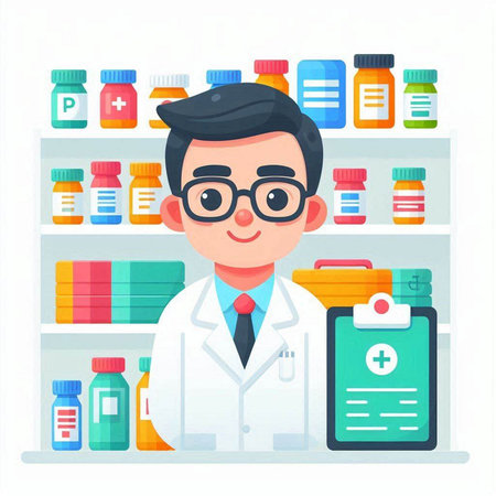 Male pharmacist standing in front of shelves full of medicines. Vector flat cartoon illustrationのイラスト素材