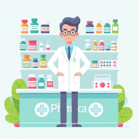 Pharmacist standing in front of shelves full of medicines. Vector flat cartoon illustrationのイラスト素材