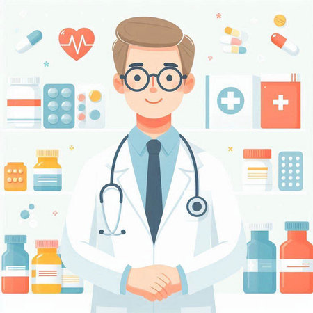 Male doctor with stethoscope standing in front of medical icons. Vector illustration.のイラスト素材