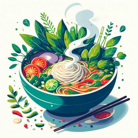 Noodle soup in bowl with herbs and vegetables. Vector illustration.のイラスト素材