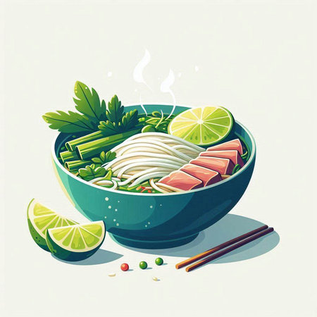 Illustration of japanese noodle soup with salmon and vegetablesのイラスト素材