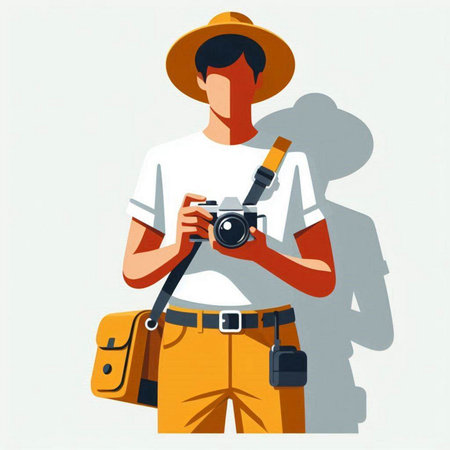 Vector illustration of a tourist with a camera on a white background.のイラスト素材