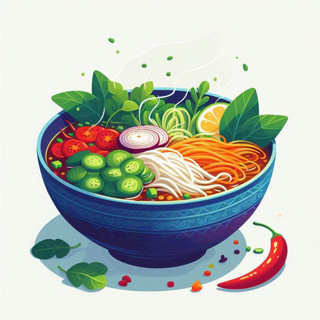 Bowl of noodle soup with vegetables and herbs. Vector illustration.のイラスト素材