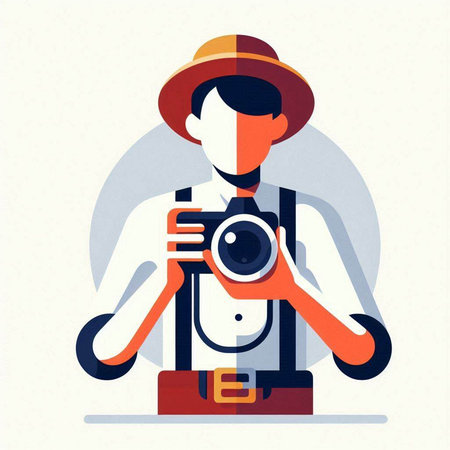 Photographer in hat with camera. Vector illustration in flat style.のイラスト素材