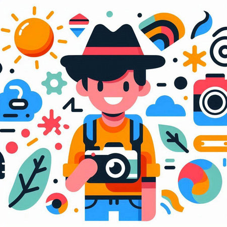 Photographer with camera in hand. Colorful flat vector illustration.のイラスト素材