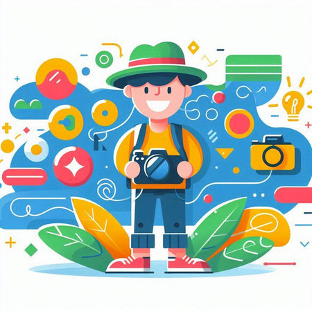 Photographer with camera. Vector illustration in flat cartoon style. Boy with camera.のイラスト素材