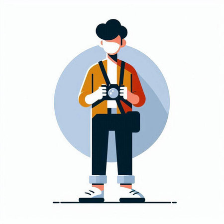 Man with mask and camera in hands. Vector illustration in flat styleのイラスト素材