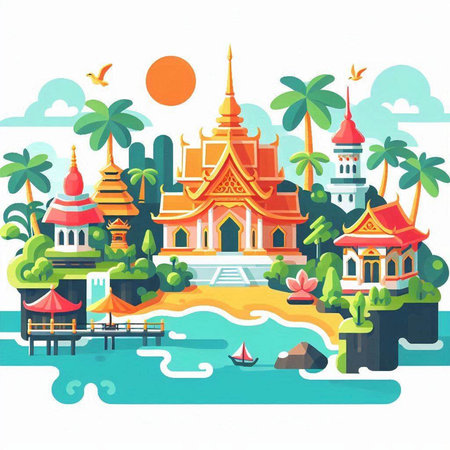 Thailand temple on the beach. Vector illustration in flat style.のイラスト素材