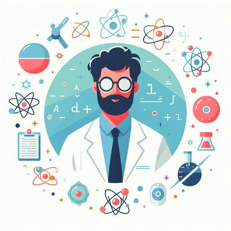 Scientist with science symbols. Vector illustration in flat design style.のイラスト素材