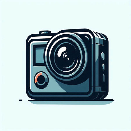 Vector illustration of a modern digital camera isolated on light blue background.のイラスト素材