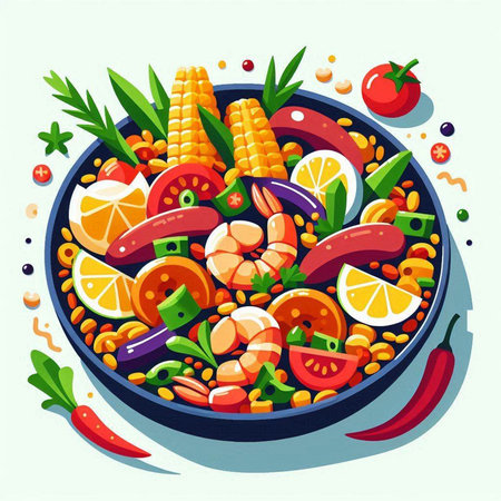 Vegetable salad with shrimp, corn, tomato, pepper, onion, carrot, cucumber. Vector illustration.のイラスト素材