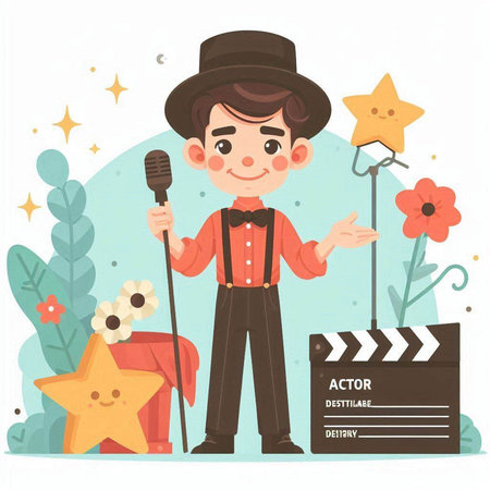 Cute cartoon boy singer with microphone and star. Vector illustration.のイラスト素材