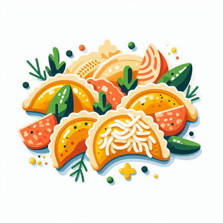 Illustration of dumplings with meat and vegetables. Vector illustration.のイラスト素材