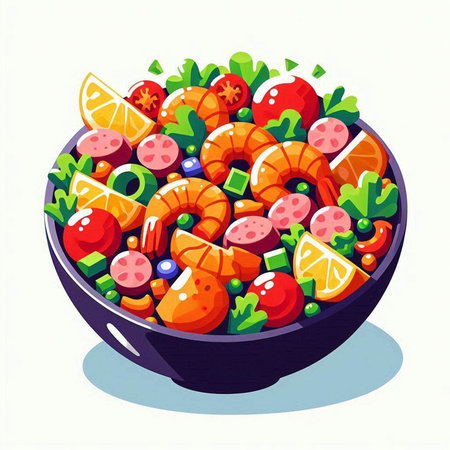 Salad with shrimps and vegetables in a bowl. Vector illustration.のイラスト素材