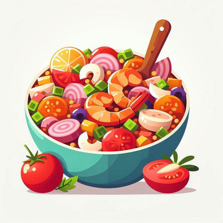 Vector illustration of a bowl of vegetable salad with shrimp, tomato, onion, cucumber and lemonのイラスト素材