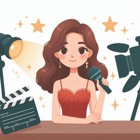 Cute girl with a microphone and clapperboard. Vector illustration.のイラスト素材